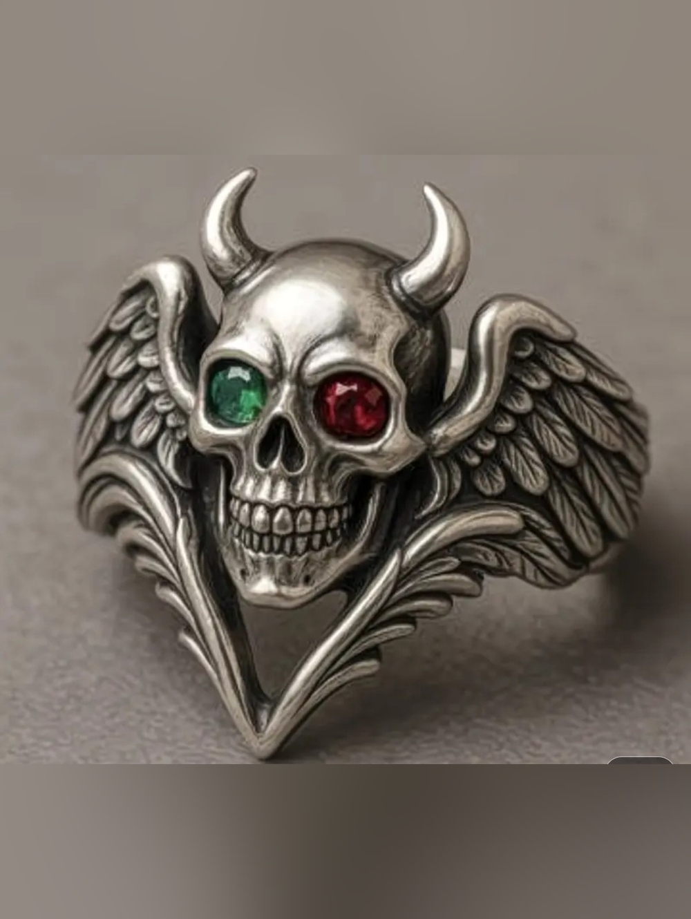Skull Ring with Red and Green Gem Eyes